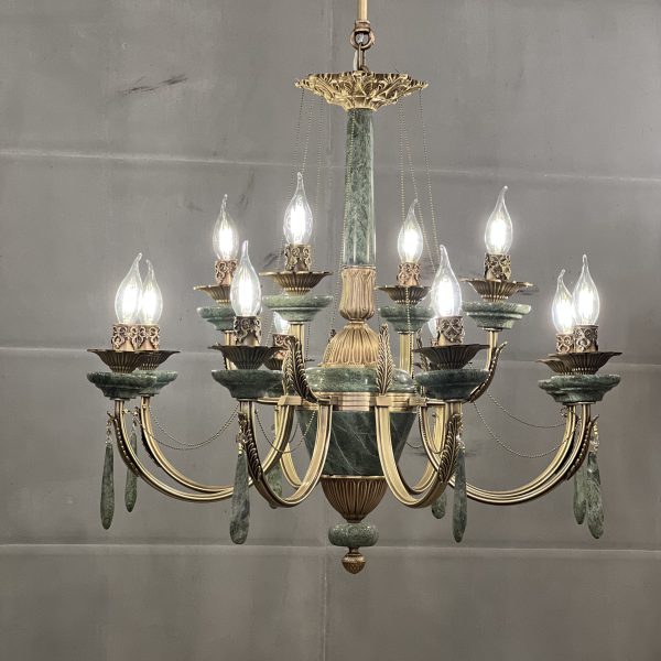 لوستر 8 شاخه 12 شعله برنج و سنگ ترکیب شاخه دوبل و تک مهرسانا نیکان دکور