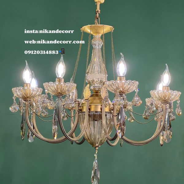 لوستر ۸شاخه آلیاژ آهن با بلور نیکان دکور