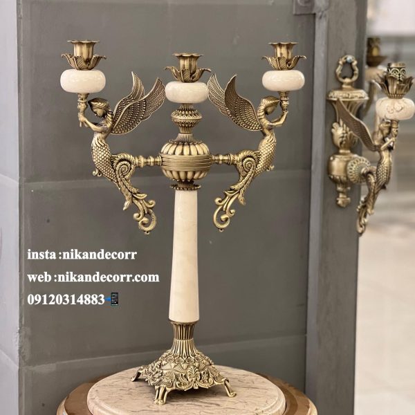 شمعدان فرشته سه شعله تمام برنج با سنگ طبیعی شيرى نیکان دکور
