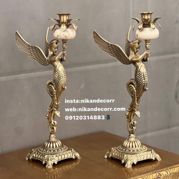 شمعدان فرشته تمام برنج با سنگ طبيعى كرم نيكان دكور