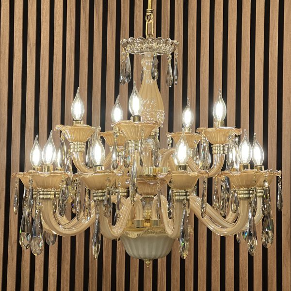 لوستر۱۲ شاخه دو‌طبقه کریستالی دوپوست وارداتی عسلی نیکان دکور