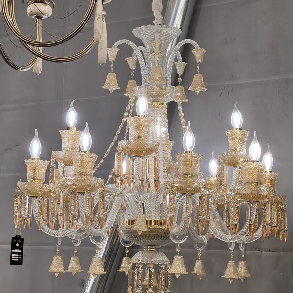 لوستر 12 شاخه باکارات ایرانی ترکیبی شفاف و عسلی نیکان دکور